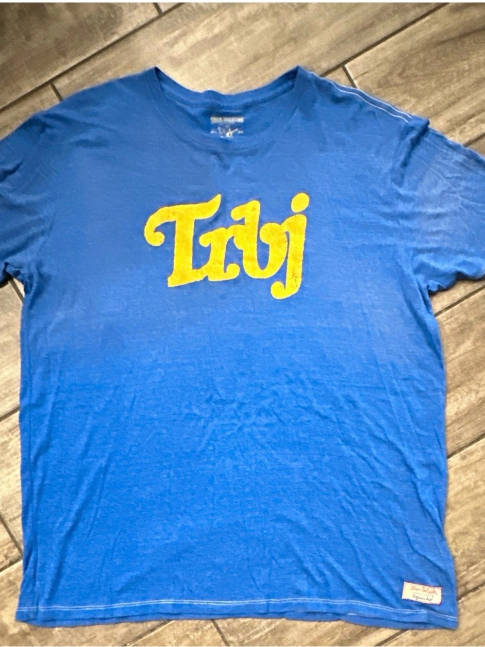 True Religion light blue tee with red-accent label
